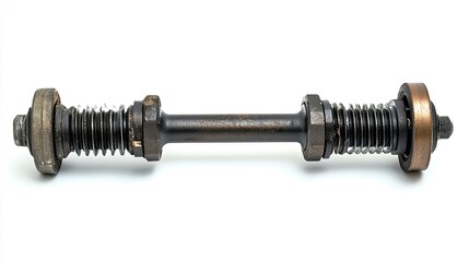 Fototapeta premium A close-up shot of a bicycle axle with nuts and bearings, isolated on a white background.