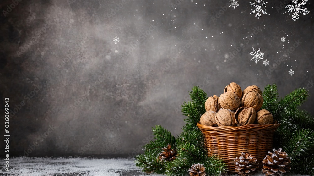 Wall mural A woven basket filled with walnuts is placed on a table, surrounded by pine branches and green leaves, creating a warm atmosphere amid Christmas decorations