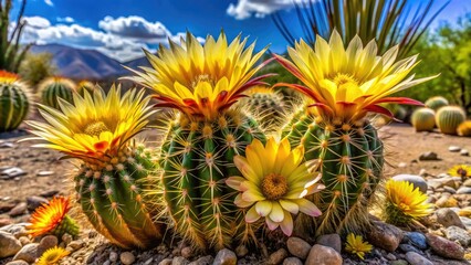 Obraz premium Hamatocactus setispinus group showcases stunning yellow flowers blooming vibrantly against a picturesque desert landscape, creating a captivating scene that celebrates nature's beauty.