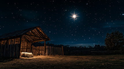 A tranquil Christmas Eve night with a stable under a starry sky and bright guiding star