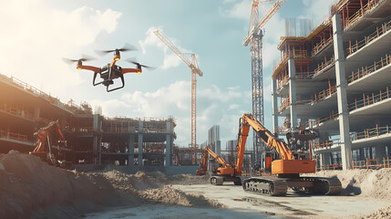 Naklejka premium Generative AI, Smart Construction Site with Drone Surveillance and Robotic Arm Assembly 