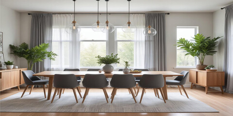 A modern dining room with a wooden table and Chairs and Furniture gray upholstered chairs. The table is decorated with  a plant, a vase,and some decorative objects.