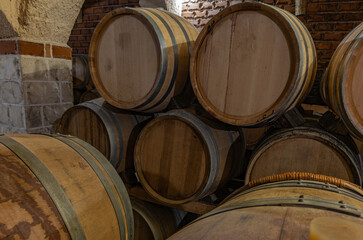 Old vineyard in Croatia, wooden barrels with wine