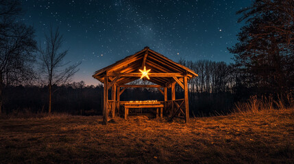 Obraz premium A peaceful Christmas Eve setting with a wooden shelter under starlit sky in a natural landscape