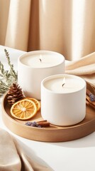 A rich brown candle burns softly in an elegant jar, surrounded by dried orange slices, pine cones, and lavender, creating a warm and inviting atmosphere