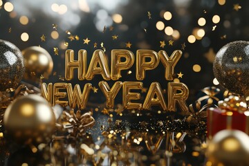 A shiny golden background with the words "HAPPY NEW YEAR" in large letters, surrounded by glittering stars and balloons.