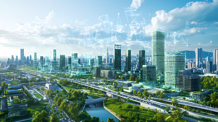 Naklejka premium Generative AI, Building the Future: Smart City with Advanced Transportation and Green Design 