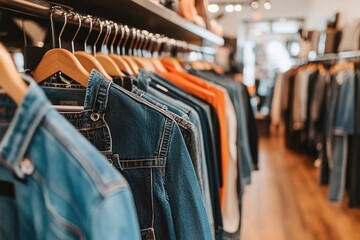Row of denim jeans hanging in a clothing store with a blurred background