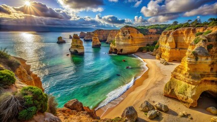 Hidden sandy beach encircled by cliffs in Algarve, Portugal, featuring natural grottos and vibrant reefs, perfect for nature lovers and adventure seekers alike.