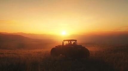 Tractor at Sunrise in Rural Landscape