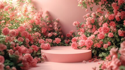 Romantic Valentines Day scene a pink podium surrounded by blooming garden roses and a soft white background Ideal for a spring or beautythemed product display with a touch of elegance
