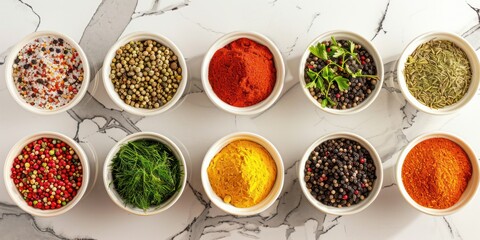 Top view of colorful spices arranged in bowls on a kitchen counter.