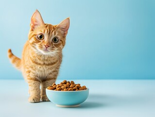 Ginger kitten standing next to a bowl of dry cat food on a blue background