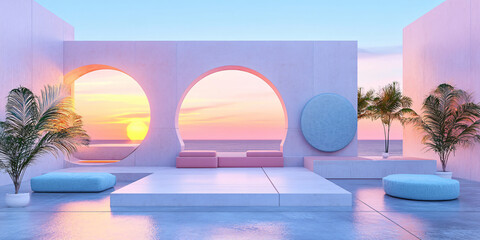 Fototapeta premium A minimal terrace with arches framing a sunset and palm trees.