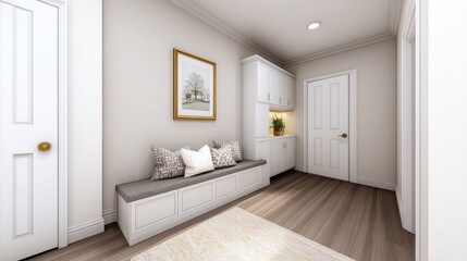 Fototapeta premium A stylish built-in bench offers comfort with soft cushions and decorative pillows, complemented by a mirror and fresh flowers in a serene, light-filled room
