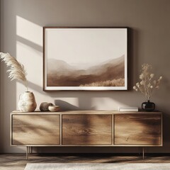 A simple, elegant wooden console table beneath a framed landscape painting, capturing a tranquil, sunlit interior.