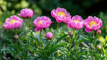 A cluster of pink peonies in full bloom with green foliage and buds.
