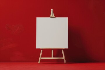 Empty white canvas on wooden easel against vibrant red background