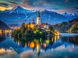 Fototapeta premium Idyllic scene of Lake Bled, featuring the charming island church and an ancient castle, all framed by the breathtaking backdrop of towering Alpine mountains.