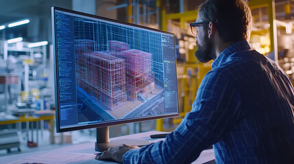 Generative AI, Architect Working on Real-Time BIM Model with Blueprints
