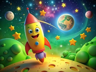 Naklejka premium Cartoon Rocket Flying Around Sleeping Moon - Seamless Dynamic Loop Animation for Kids
