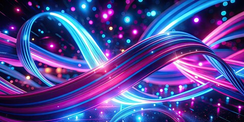 Obraz premium Immerse in a dynamic 3D animation of chaotic blue and pink neon ribbons flying toward the camera in slow motion, generating a visually striking experience.