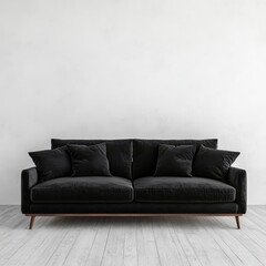 The image highlights an elegant black sofa positioned in a minimalist room with a bright atmosphere and wooden flooring accent.