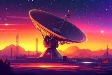 Satellite dish in futuristic desert landscape