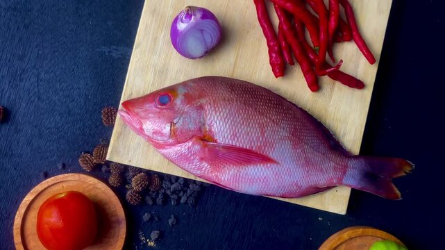 A close-up shot showcasing a fresh snapper fish lying on a cutting board.