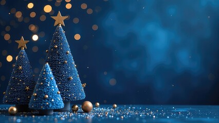 Blue and gold Christmas tree toys on a dark blue background, Christmas tree, festive atmosphere, free space for text