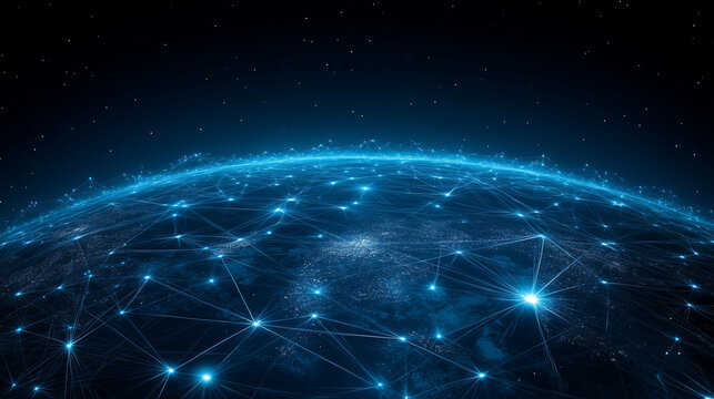 A glowing blue network of lines and nodes enveloping the Earth against a dark starry sky.