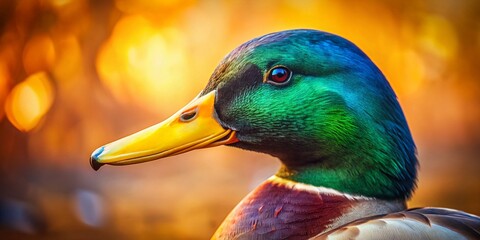Obraz premium Closeup of a Vibrant Mallard Duck Head in Vintage Style Photography with Blurred Background