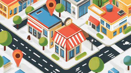 Obraz premium Isometric illustration of a city block with buildings, roads, and trees.