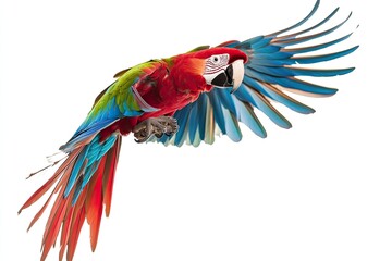Fototapeta premium Green-winged Macaw, Ara chloropterus, 1 year old, flying in front of white background