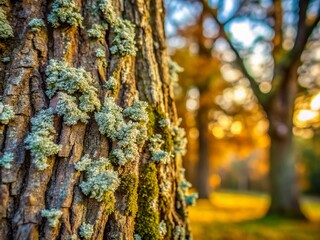 Close-Up of Dry Lichen on Old Oak Bark with Bokeh Effect for Nature Lovers