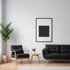 Vibrant black sofa and chair near wall with poster frame. Scandinavian interior design of modern living room.	