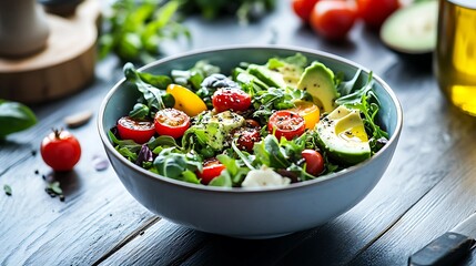 A colorful bowl of fresh salad with mixed greens, avocado, cherry tomatoes, and a drizzle of olive oil, set on a wooden table with natural light streaming in