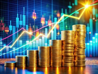 In a digital economy, stacked coins symbolize investments, while a rising trading graph illustrates expanding opportunities and financial growth in an interconnected marketplace.