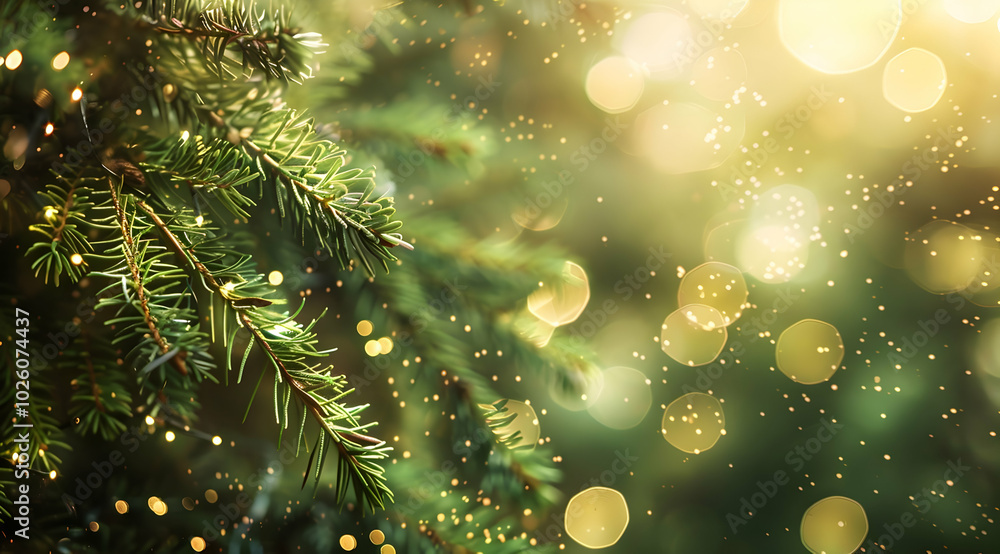Poster close-up of green pine tree branches with a bokeh background and lights.