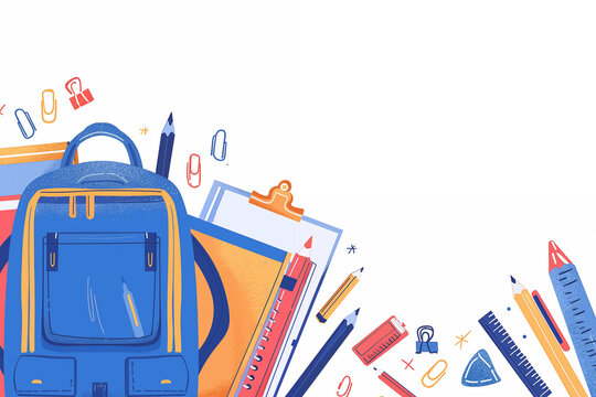 Back to school concept. Bright stationery items like pens, pencils, and notebooks surround a blue backpack, creating a vibrant study atmosphere.
