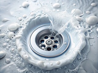 Closeup of White Substance Washing Down Drain in Panoramic View for Cleanliness and Hygiene Concepts