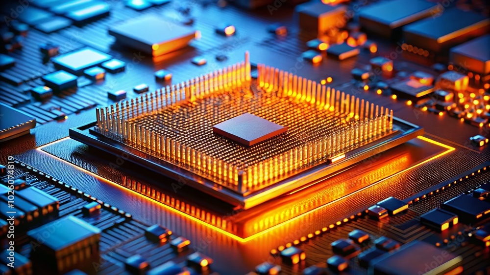 Aufkleber close-up tilt-shift photography of a glowing orange computer processor with blue lines for tech and 