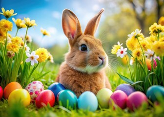 Fototapeta premium In a lively meadow filled with blooming flowers, a colorful Easter bunny plays amidst beautifully decorated eggs, embodying the spirit of spring and renewal.