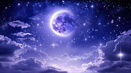 Fototapeta premium A crescent moon shines brightly in the night sky, surrounded by fluffy clouds and twinkling stars.