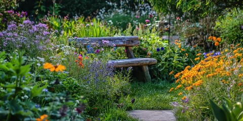 Wooden bench in a beautiful flower garden on a sunny summer day