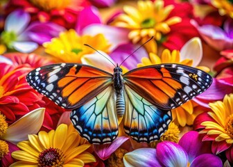Fototapeta premium In a lush natural setting, a colorful butterfly rests on bright flower petals, showcasing its vivid hues while attracting admiration in the serene, vibrant landscape.