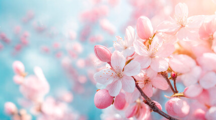 Beautiful pink cherry blossoms on blue sky background in spring time