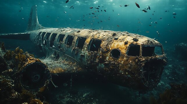 The wreckage of a sunken airplane lies deep on the ocean floor, its metal frame covered in barnacles and seaweed, with small fish swimming around in the calm, mysterious waters