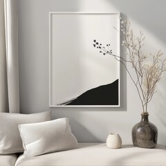 A minimalistic art piece displaying a monochrome mountain silhouette with branches, set in a stylish modern room.