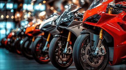 Obraz premium Close-Up Perspective of Sport Bikes in Arrangement